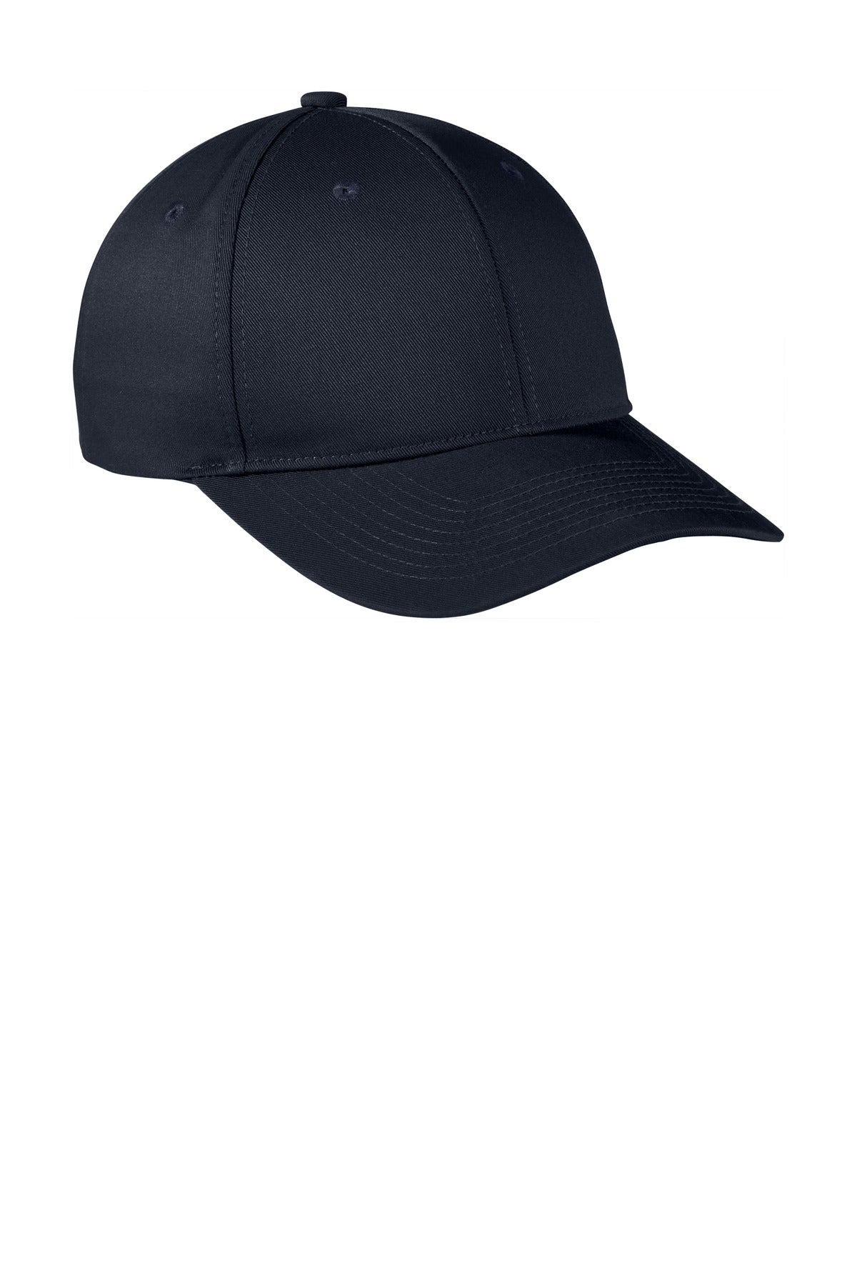 Navy Port Authority snapback cap with flat front, made of fine twill fabric, showcasing stylish and adjustable headwear.