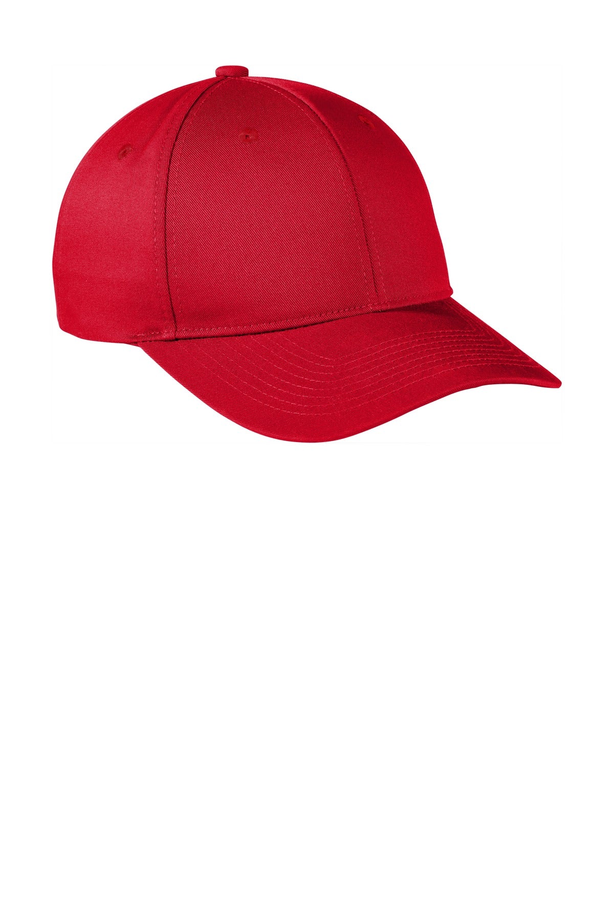 Red Port Authority snapback cap with a flat front and fine twill fabric, showcasing a stylish and casual headwear accessory.