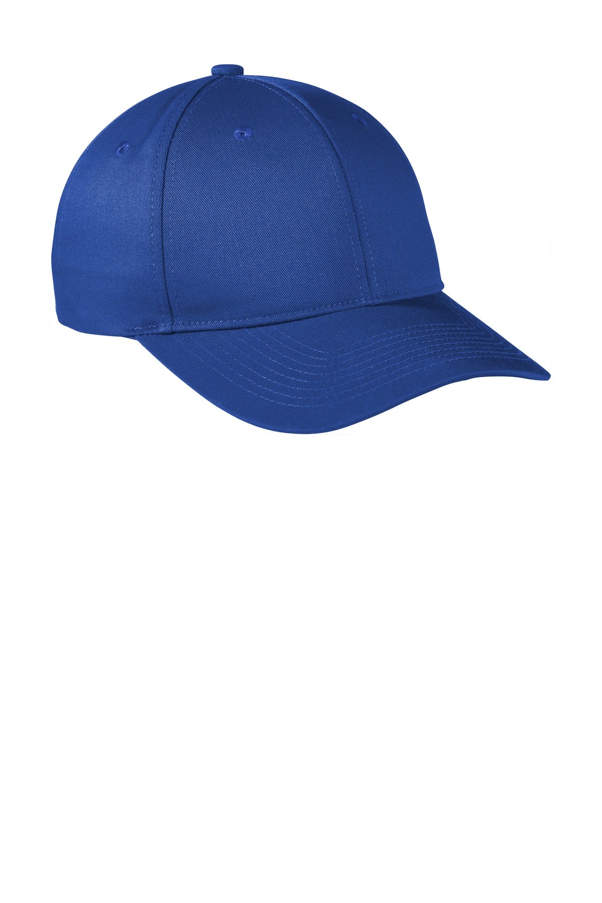 Royal blue Port Authority snapback cap with a flat front, made of fine twill fabric, showcasing a stylish and adjustable design.