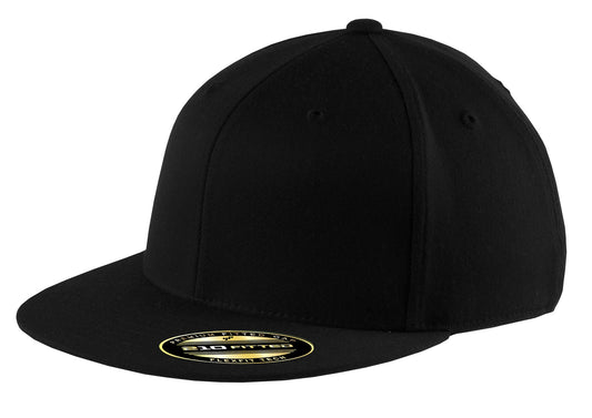 Black Port Authority Flexfit 210 flat bill cap with front view, adjustable fit, and structured design.