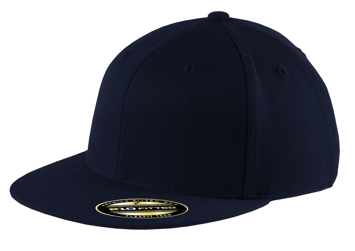Navy Port Authority Flexfit 210 flat bill cap with front logo embroidery, adjustable fit, and curved brim.
