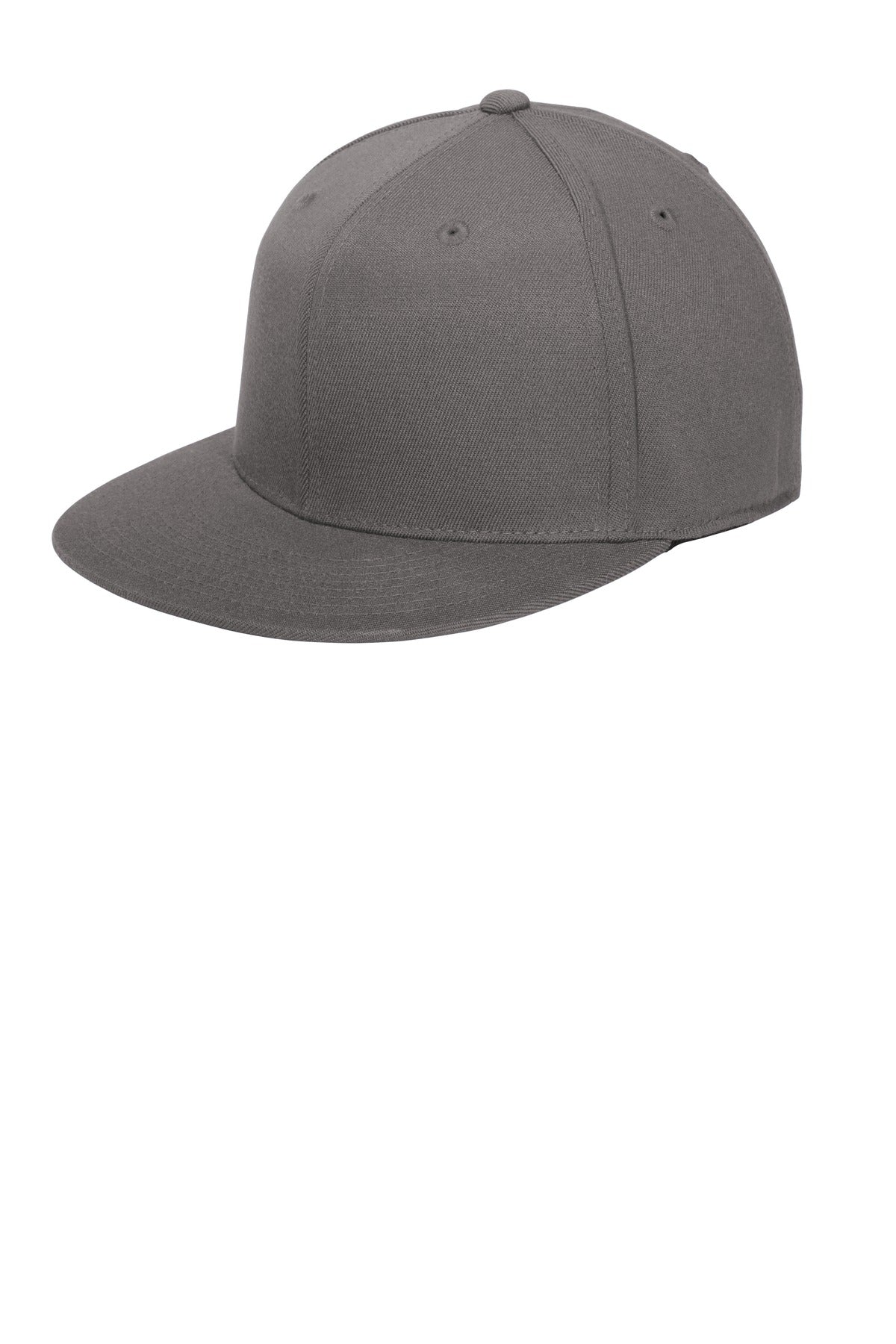 Port Authority Flexfit 210 flat bill cap in grey, front view showing the structured design and curved brim.