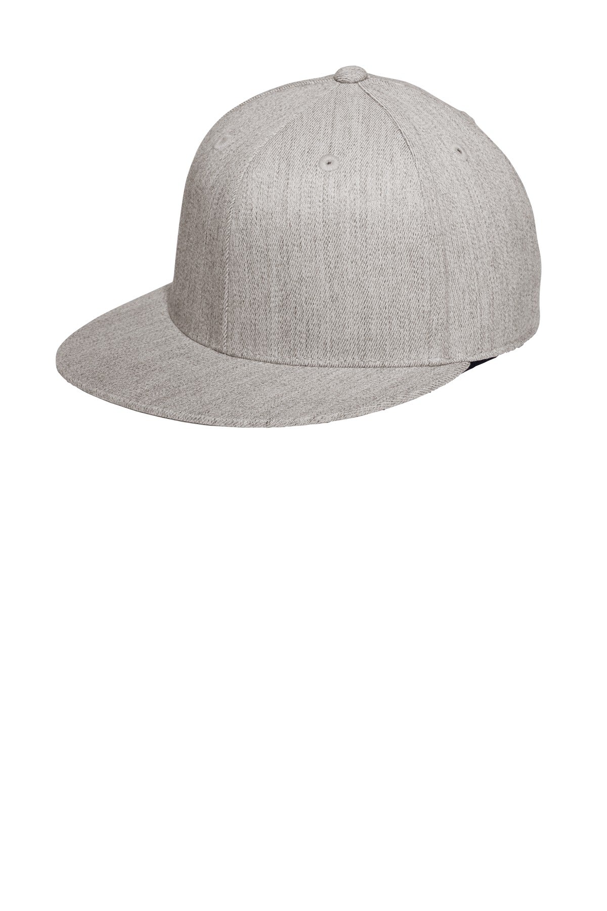 Port Authority Flexfit 210 flat bill cap in heather grey with a structured front panel and curved brim.