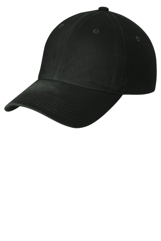 Black Port Authority Spray Wash Cap with front view, showcasing adjustable strap and classic baseball cap style.