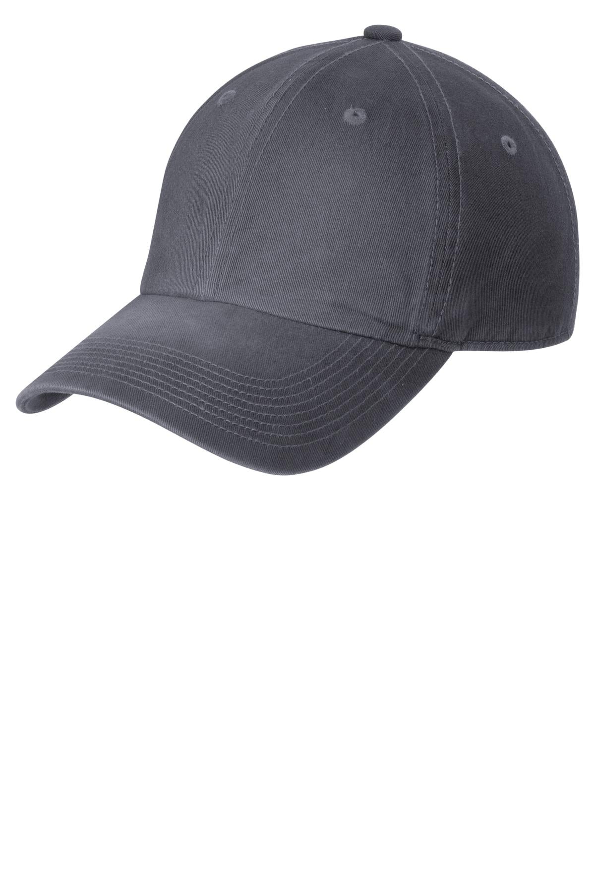 Charcoal Port Authority Spray Wash Cap with front view, adjustable brim and breathable fabric.