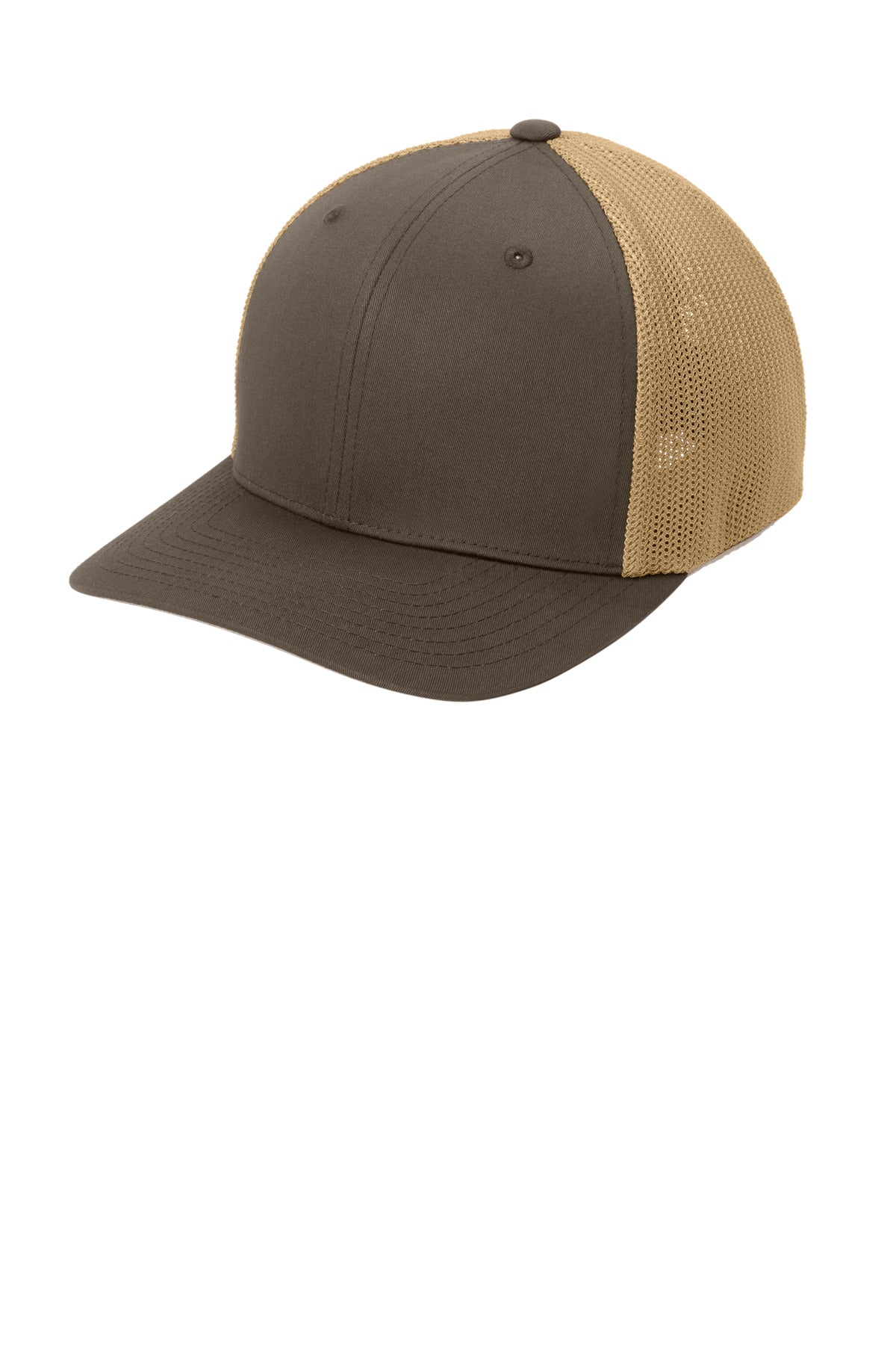 Port Authority Flexfit mesh back cap in khaki with a curved brim, featuring a structured front and adjustable back.