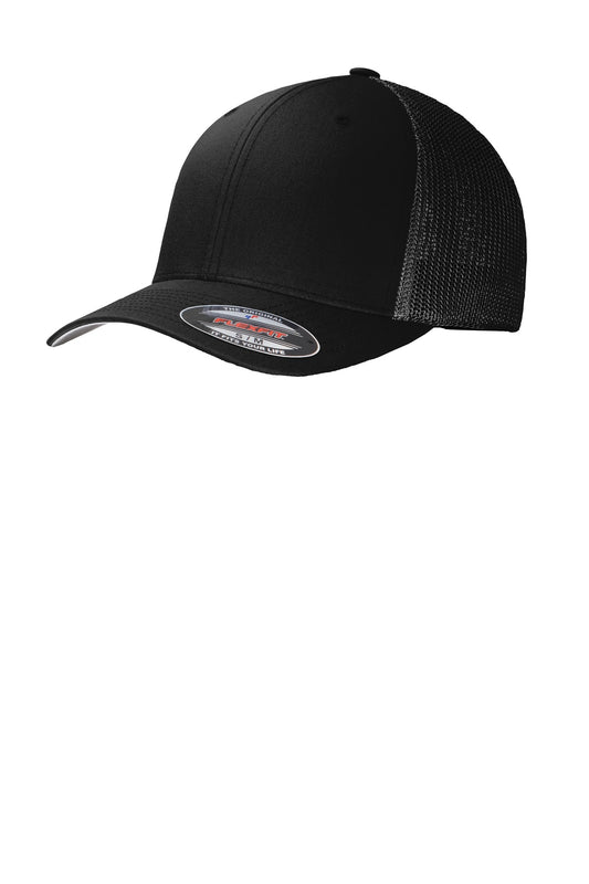 Black Port Authority Flexfit mesh back cap with front sticker, adjustable fit, and breathable mesh panels for comfortable wear.