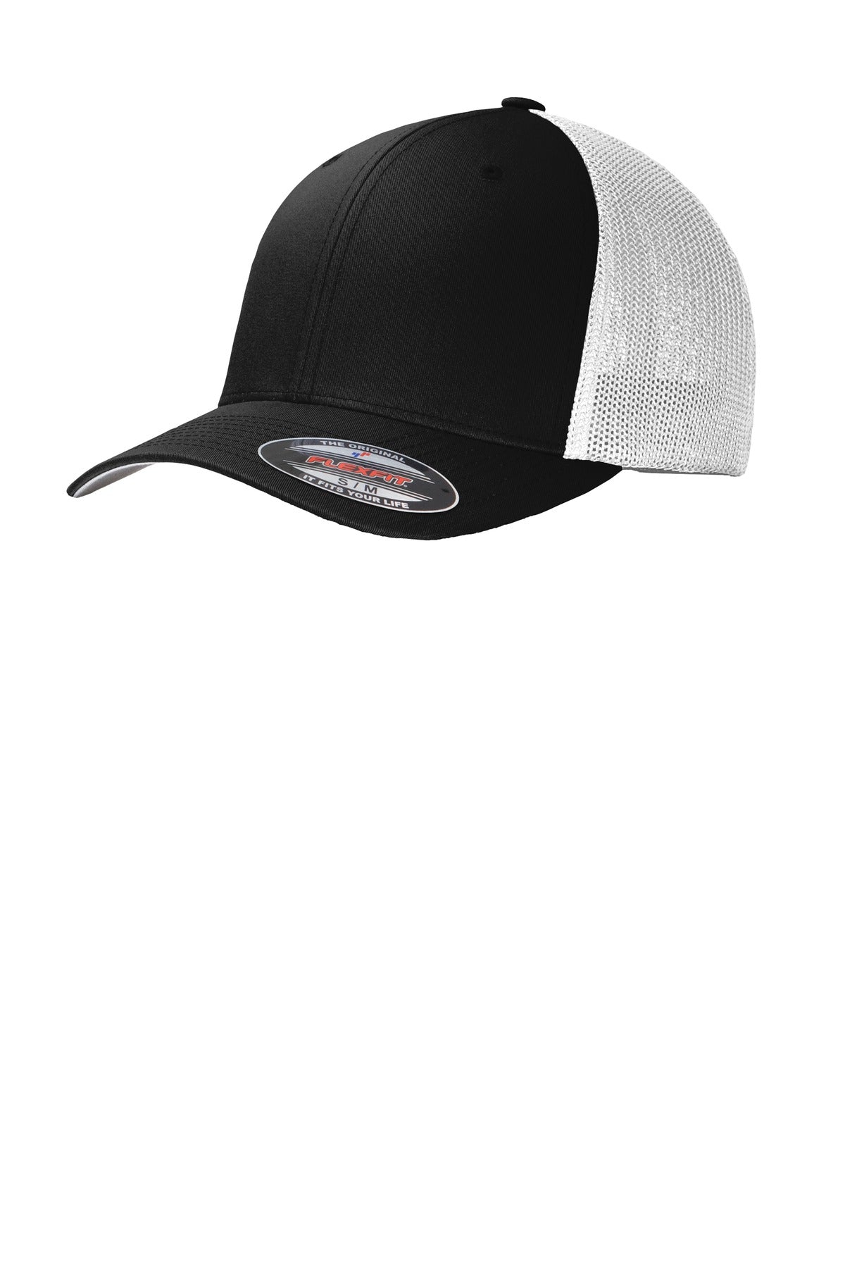 Front view of Port Authority Flexfit mesh back cap in black and white with sticker detail.
