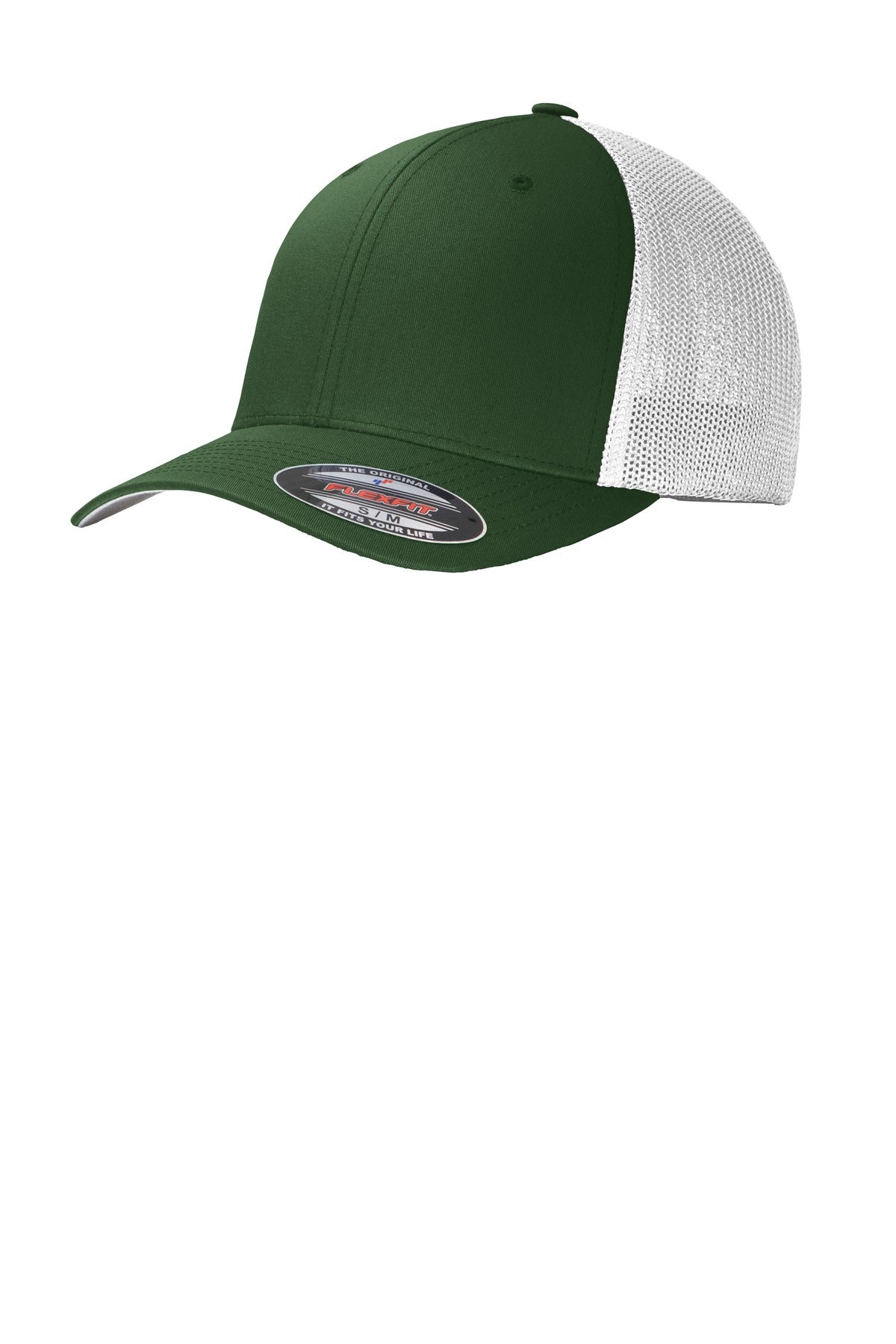 Port Authority Flexfit mesh back cap in forest green with white front, featuring a curved brim and adjustable strap.