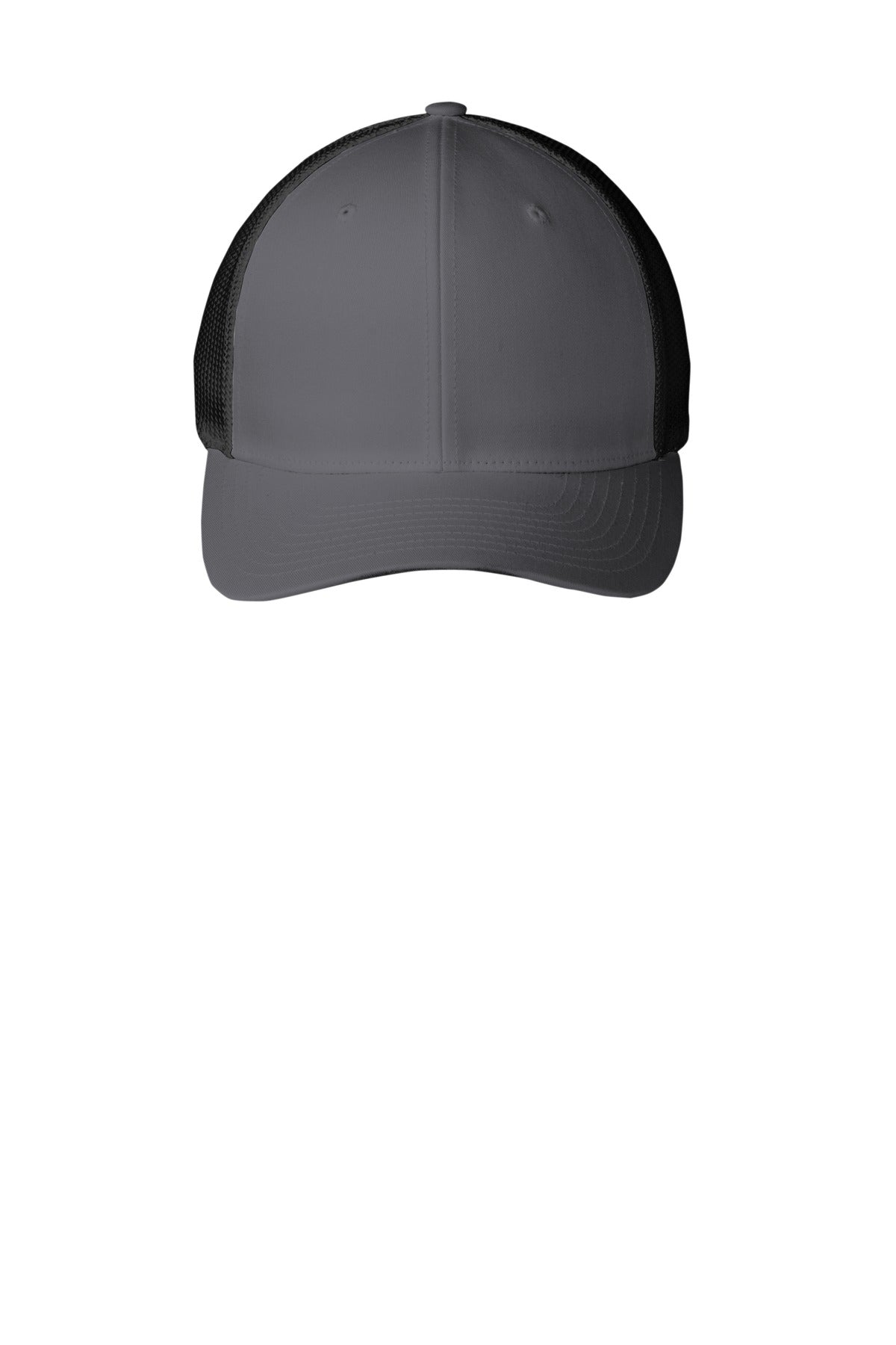 Port Authority Flexfit mesh back cap in graphite black, front view showing structured crown and adjustable strap.