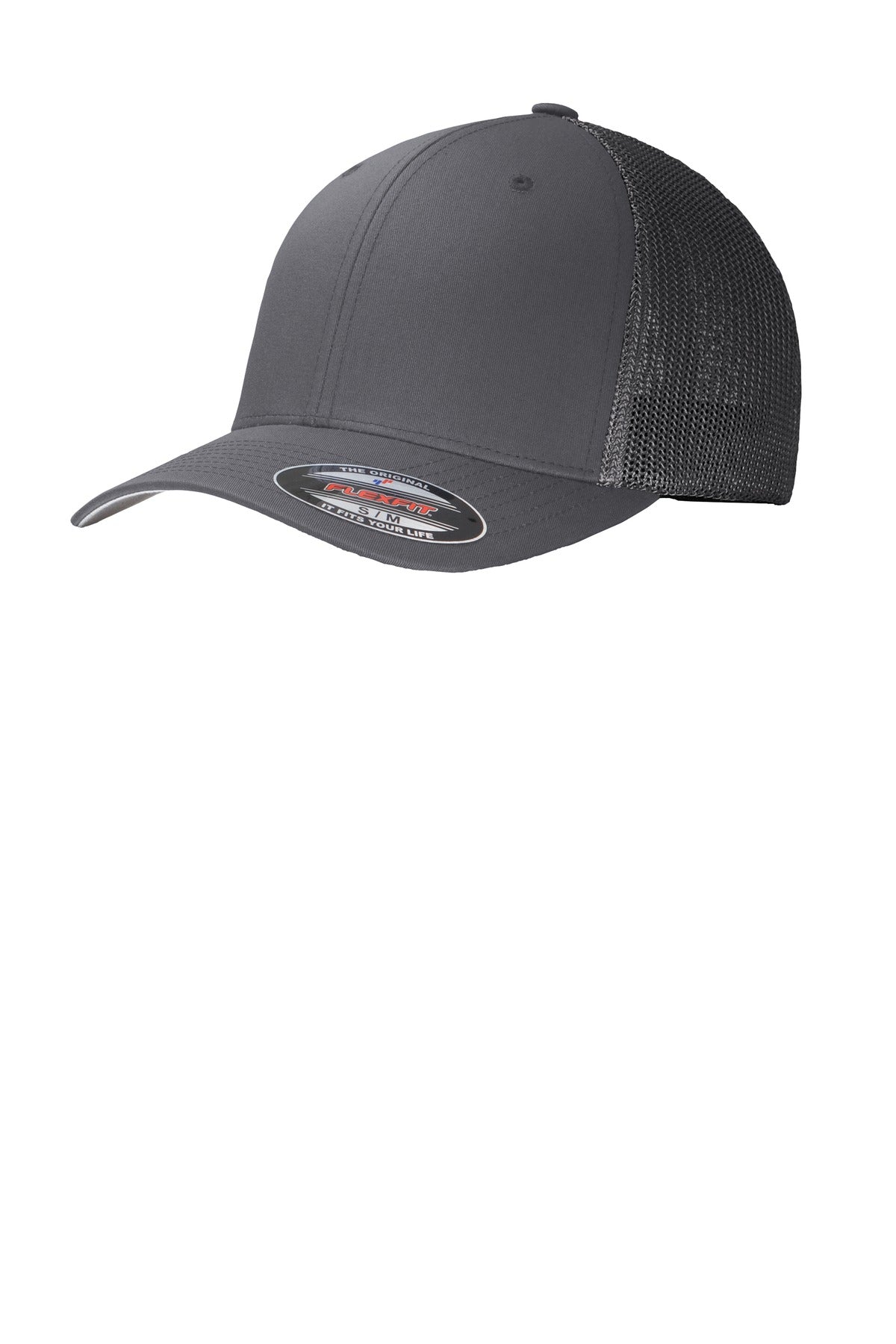 Port Authority Flexfit mesh back cap in graphite grey, showing front view with sticker detail and adjustable strap.