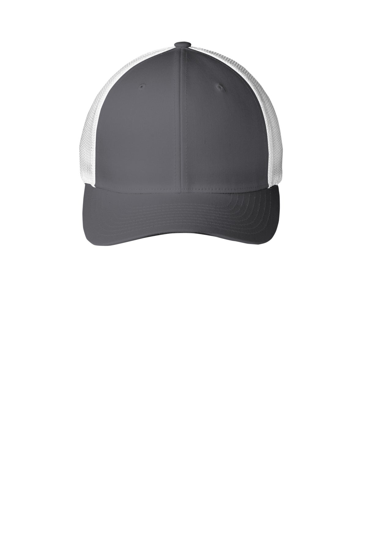 Port Authority Flexfit mesh back cap in graphite and white, front view showing structured crown and curved brim.
