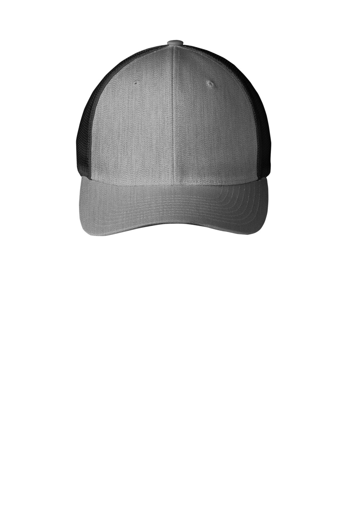 Port Authority Flexfit mesh back cap in heather grey and black, front view showing adjustable fit and breathable design.