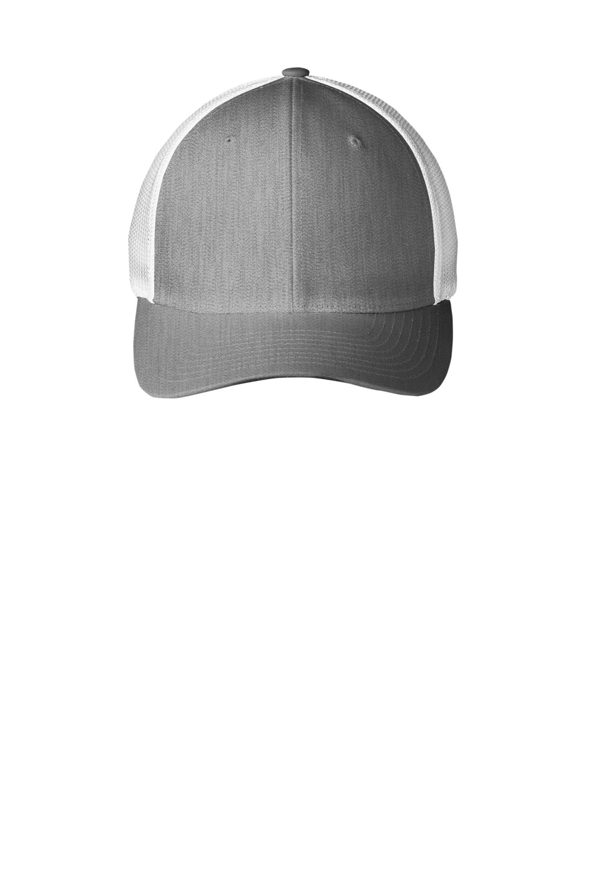 Port Authority Flexfit mesh back cap in heather grey and white, front view showing adjustable snapback closure.