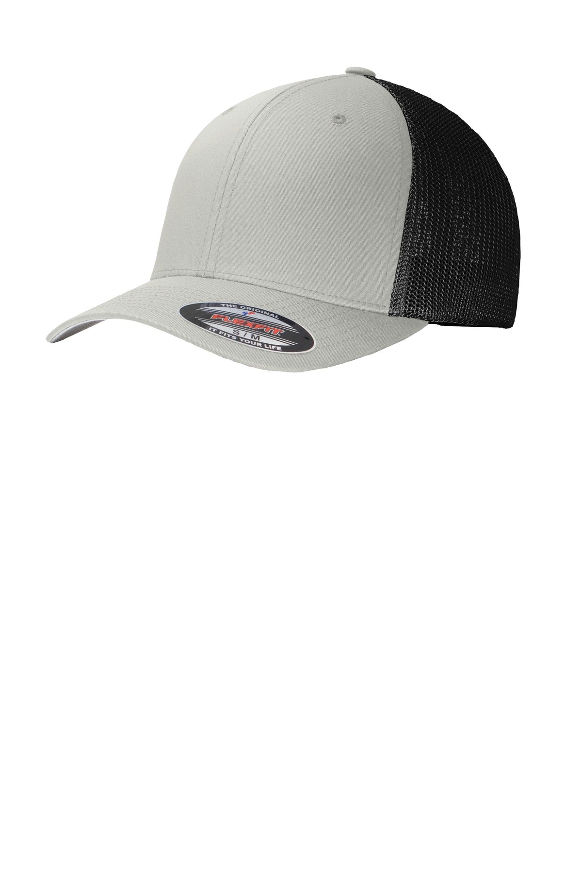Port Authority Flexfit mesh back cap in silver and black with front sticker, lightweight baseball style hat for casual wear.