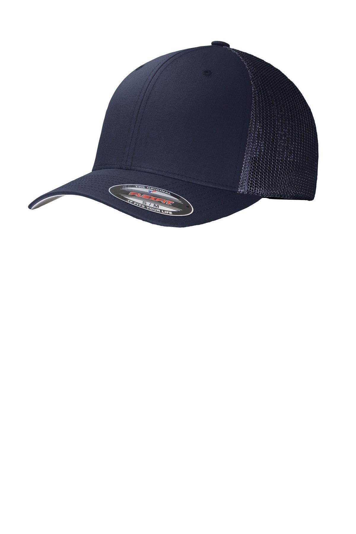 Port Authority Flexfit mesh back cap in true navy, showing front view with adjustable strap and branding detail.