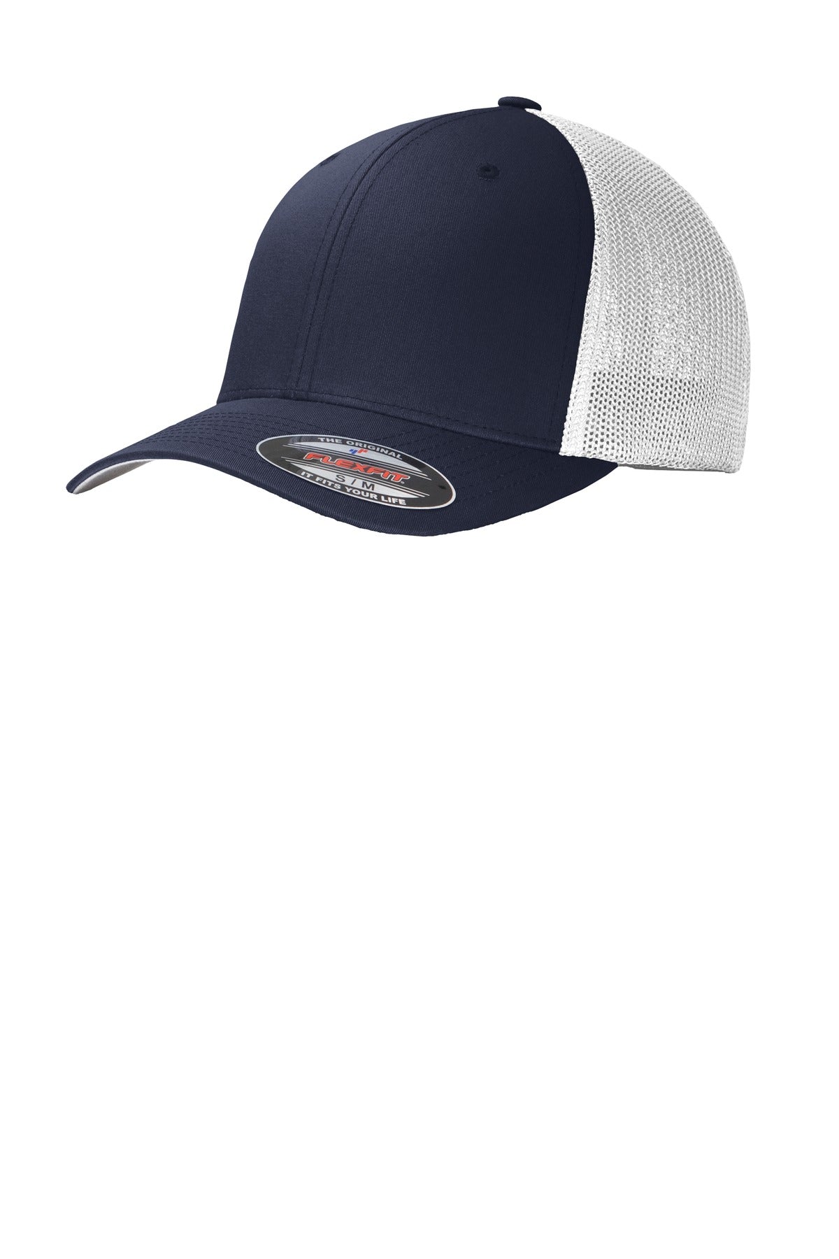 Port Authority Flexfit mesh back cap in true navy and white, front view showing the adjustable brim and branding details.