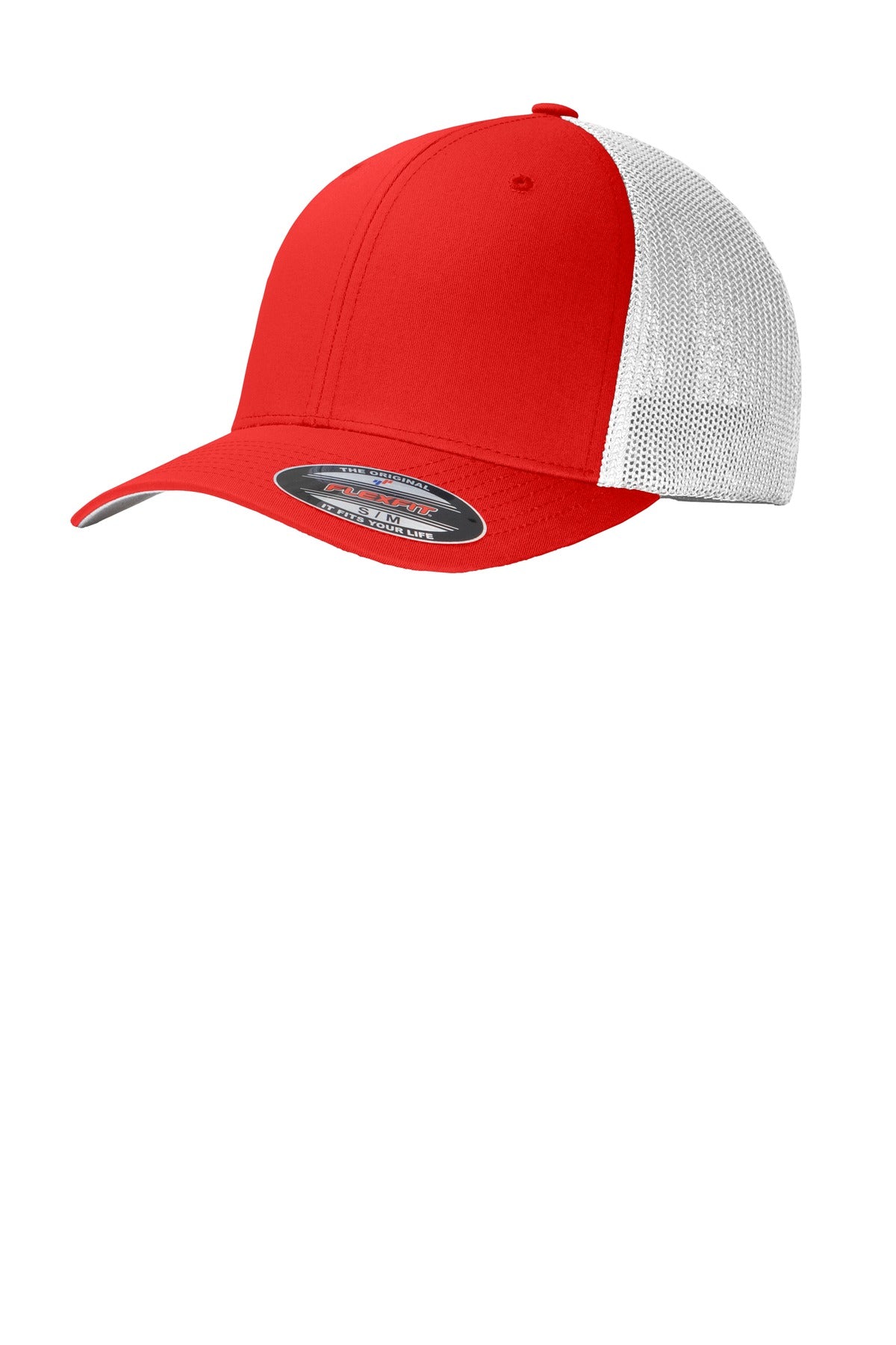Port Authority Flexfit mesh back cap in true red with white accents, front view showing the adjustable strap and branded sticker
