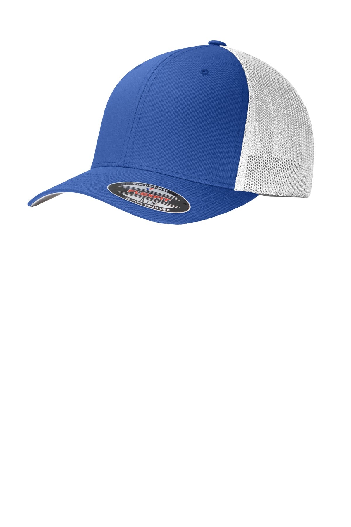 Port Authority Flexfit mesh back cap in true royal white with front sticker, adjustable curved brim and breathable mesh panels.
