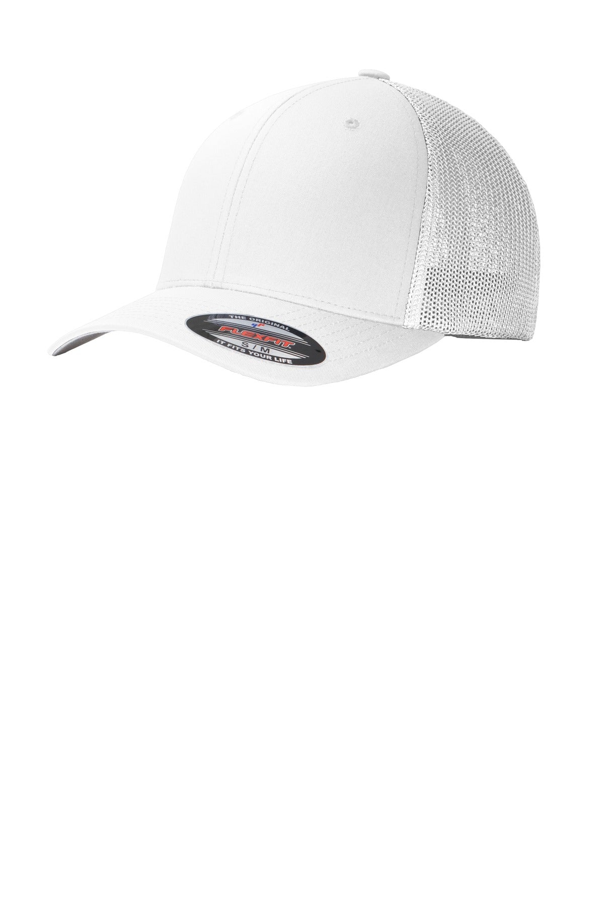 White Port Authority Flexfit mesh back cap with front sticker, adjustable fit, and breathable mesh panels.