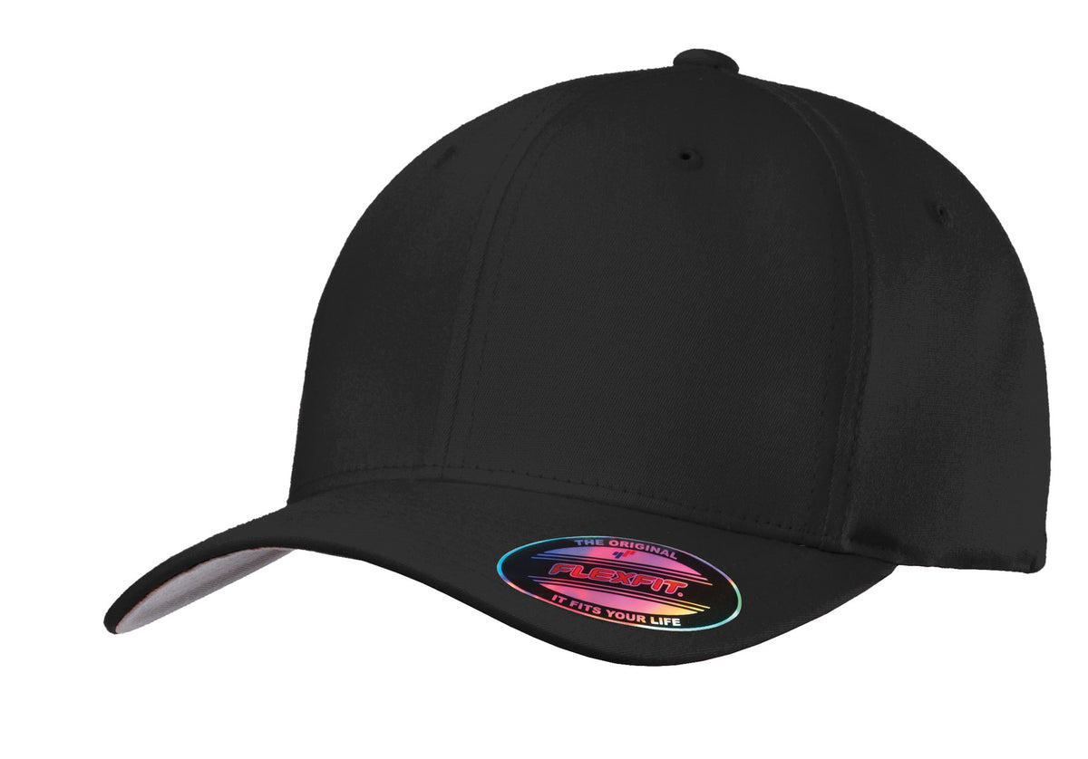 Black Port Authority Flexfit cotton twill cap with a flat front, showcasing a classic baseball style and adjustable fit.