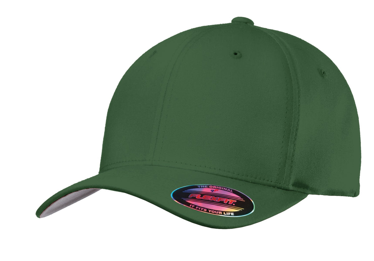 Forest green Port Authority Flexfit cotton twill cap with flat front and adjustable fit, shown from the front view.
