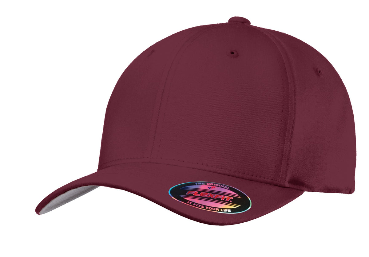 Maroon Port Authority Flexfit cotton twill cap with flat front, adjustable fit, and embroidered logo on front.