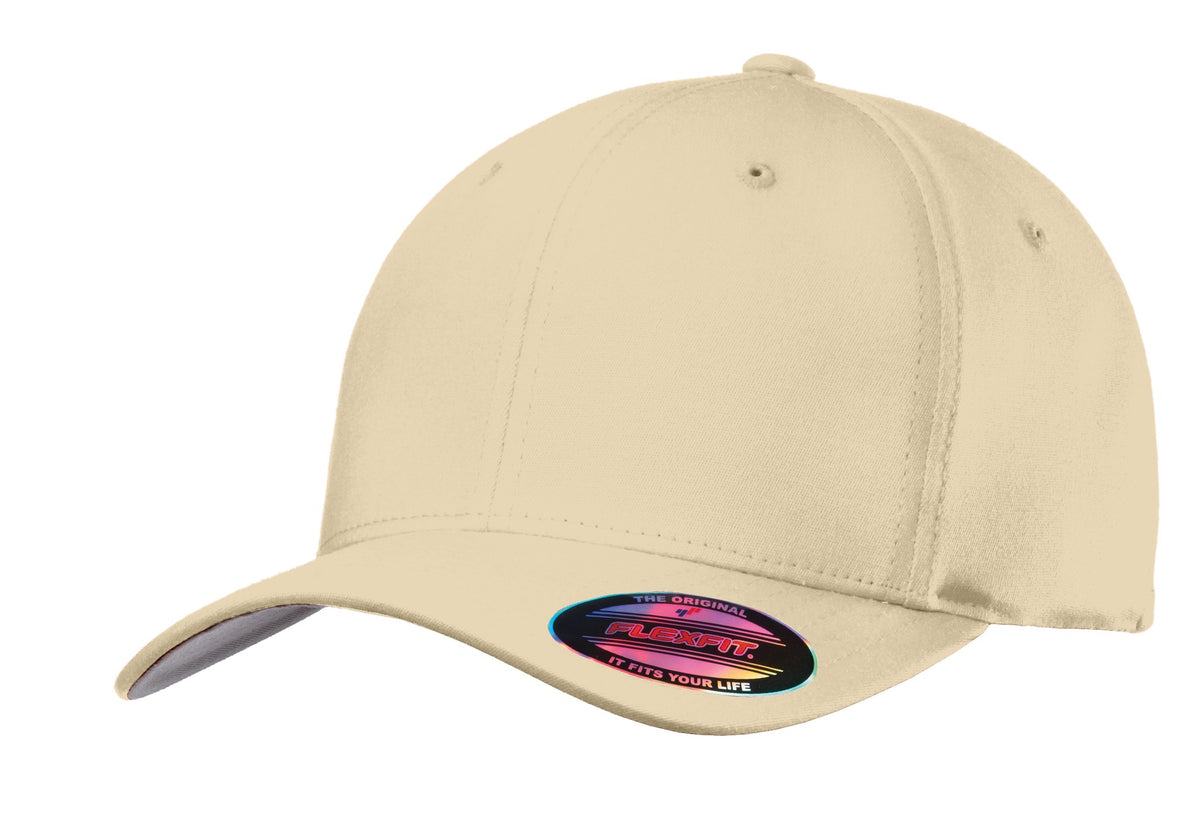 Port Authority Flexfit cotton twill cap in stone color with flat front, adjustable fit, and classic style.