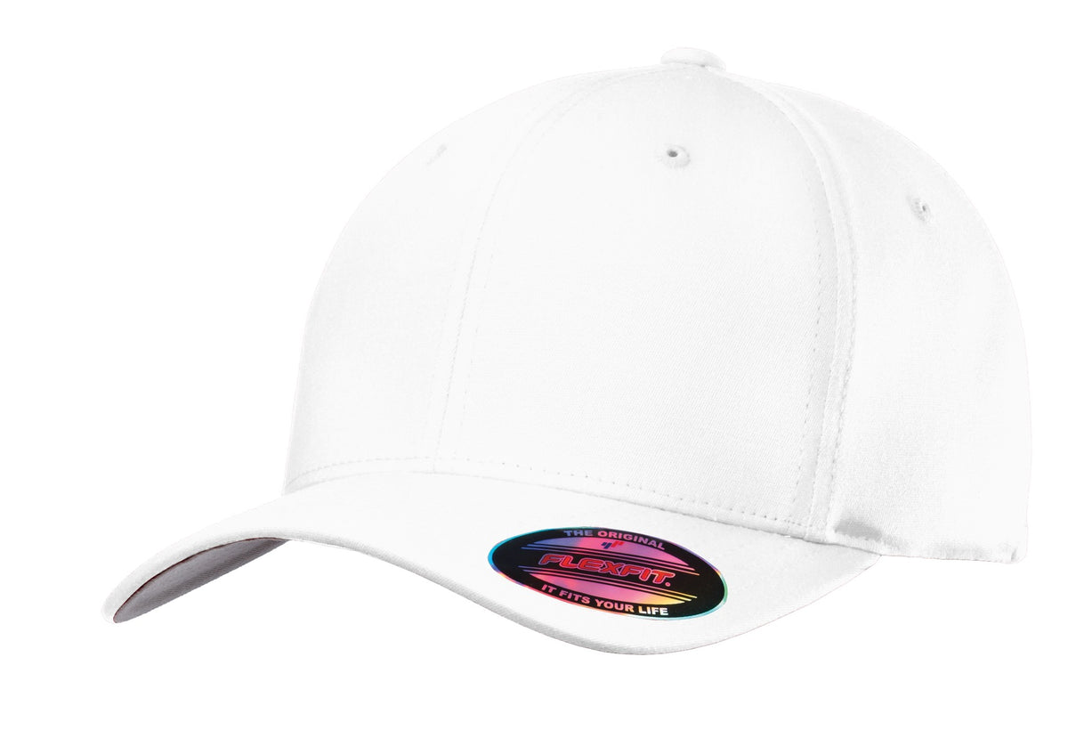 White Port Authority Flexfit cotton twill cap with flat front, adjustable fit, and embroidered logo on the front.