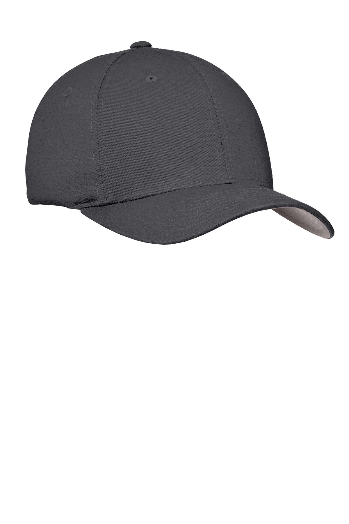 Port Authority Flexfit cotton twill cap in graphite grey, flat front style, featuring a structured design and adjustable fit.