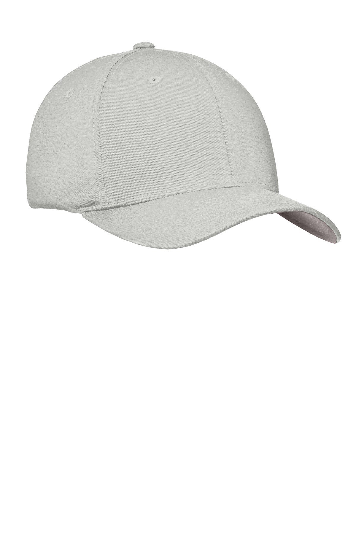 Port Authority Flexfit cotton twill cap in gusty grey, flat front style with adjustable fit and embroidered branding.