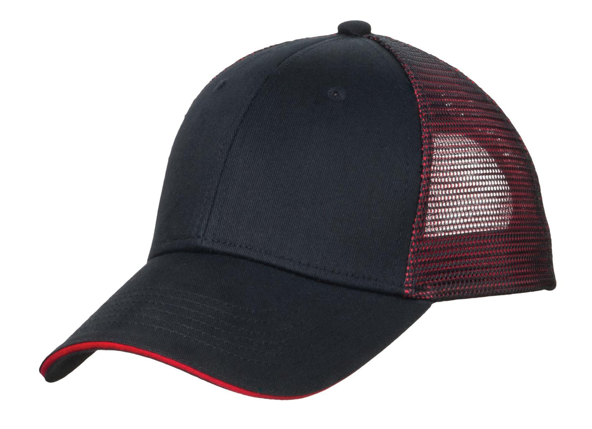 Black and red Port Authority double mesh snapback cap with sandwich bill, front view showing the mesh design and adjustable strap.
