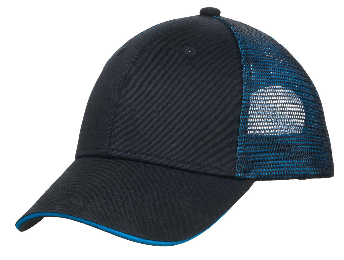 Black and shock blue Port Authority double mesh snapback cap with sandwich bill, front view showing breathable mesh and adjustable strap.