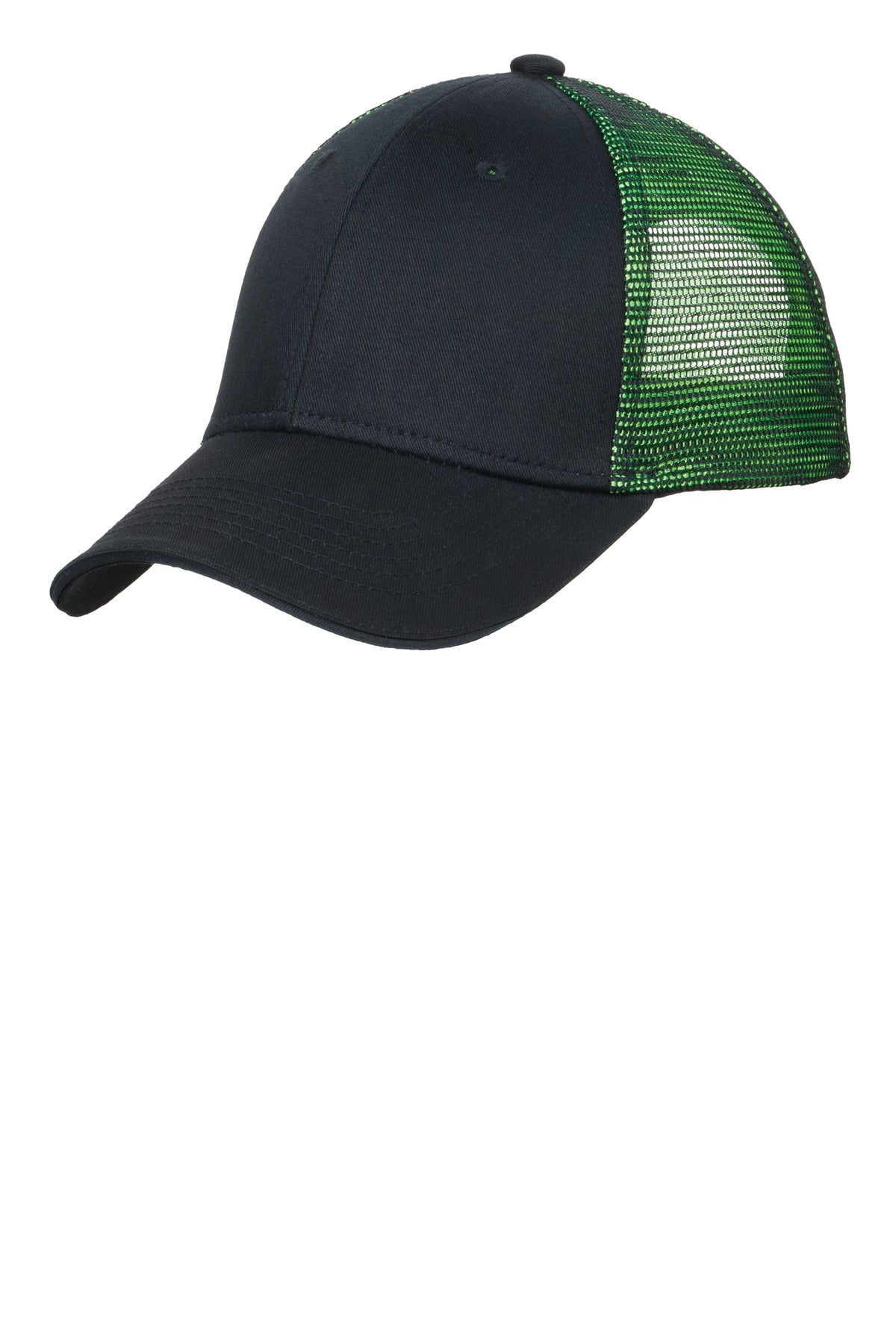 Port Authority double mesh snapback cap in black with shock green accents, featuring a sandwich bill and adjustable back strap.