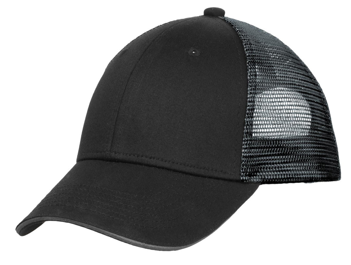 Port Authority double mesh snapback cap in black and silver with sandwich bill, front view showing breathable mesh design.