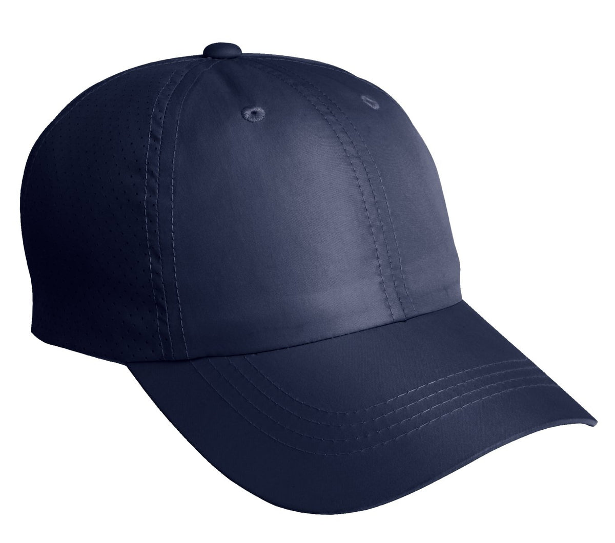 Navy Port Authority perforated cap with adjustable strap, lightweight fabric, and ventilation eyelets for breathable comfort.