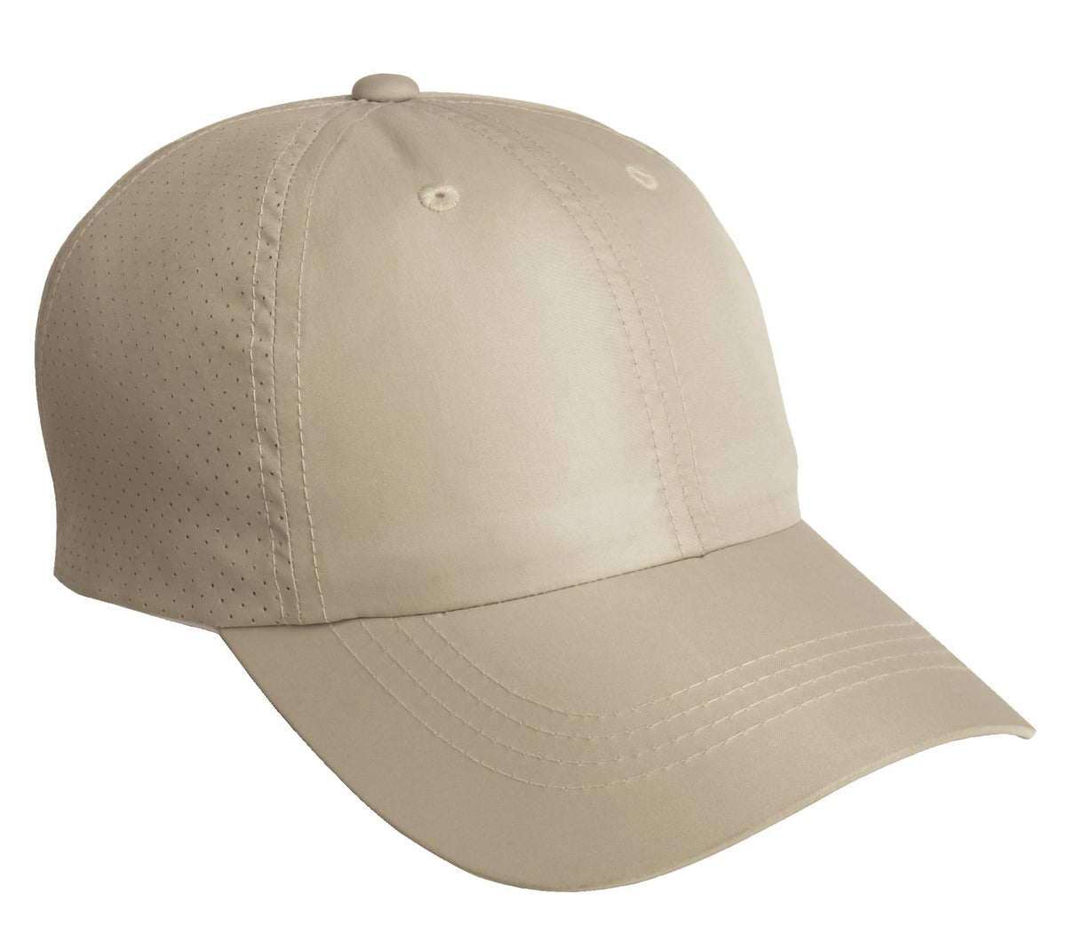 Port Authority perforated cap in stone color, showing breathable fabric and adjustable strap, designed for casual wear.