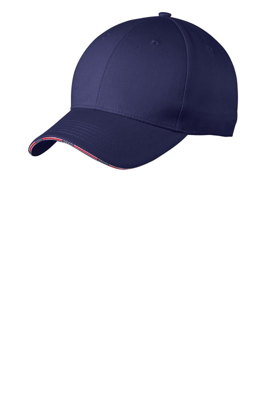 Blue Port Authority Americana Flag Sandwich Cap with front view showing patriotic star and stripe design.