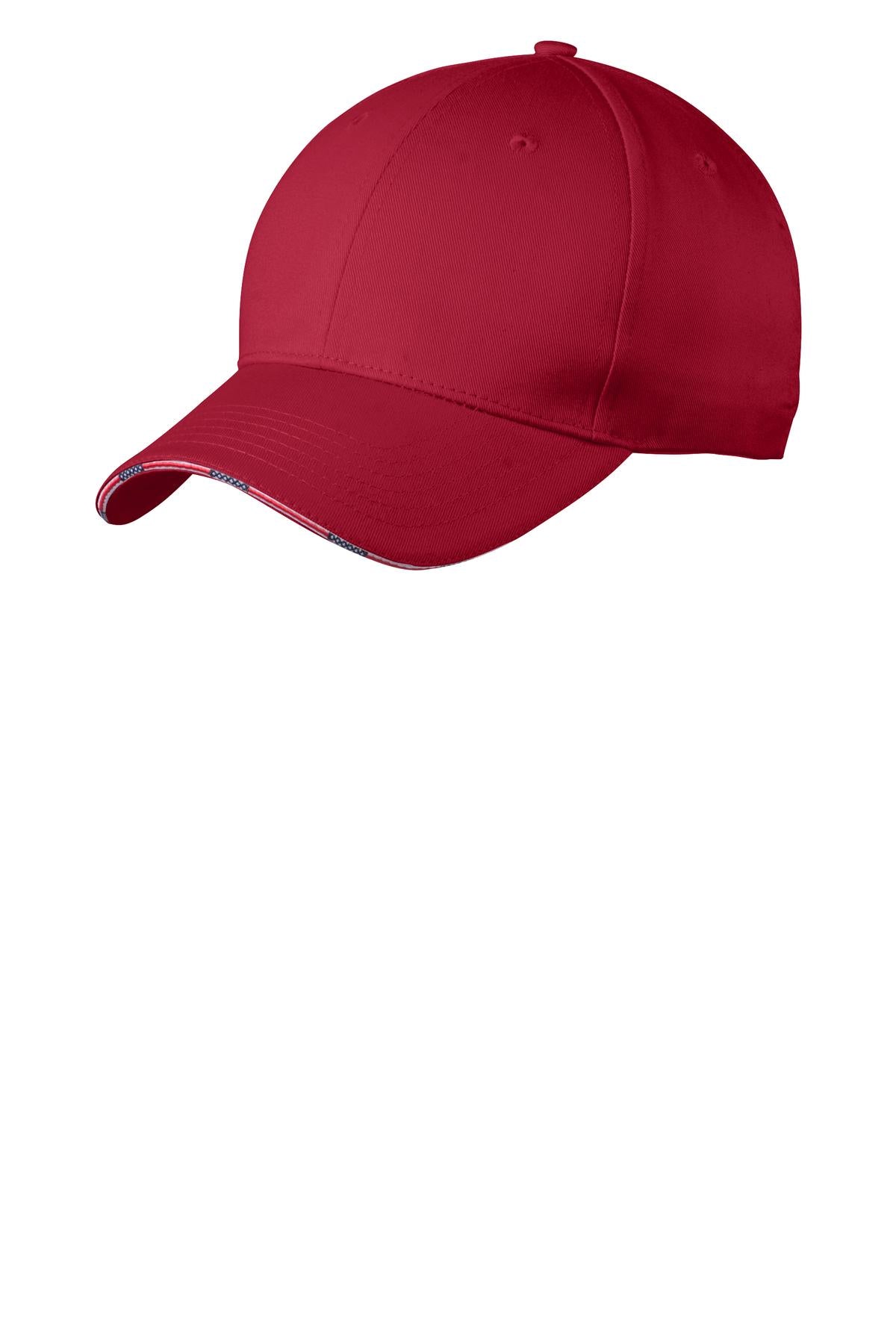 Port Authority Americana Flag Sandwich Cap in deep red with patriotic flag design and adjustable strap.