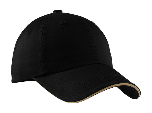Black Port Authority ® Sandwich Bill Cap with striped closure, shown from the front view.