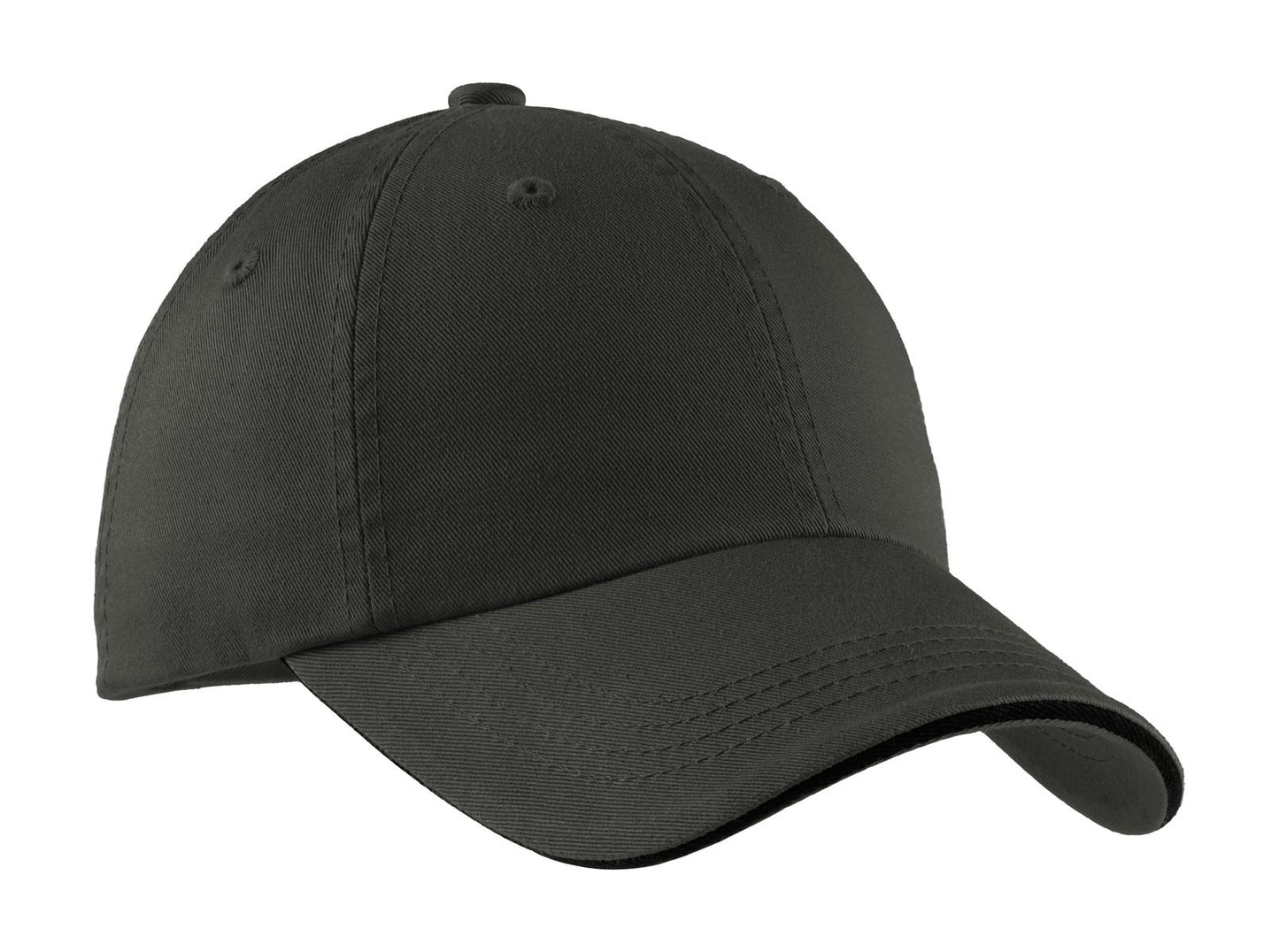 Port Authority Charcoal sandwich bill cap with striped closure, flat front design, and adjustable strap.