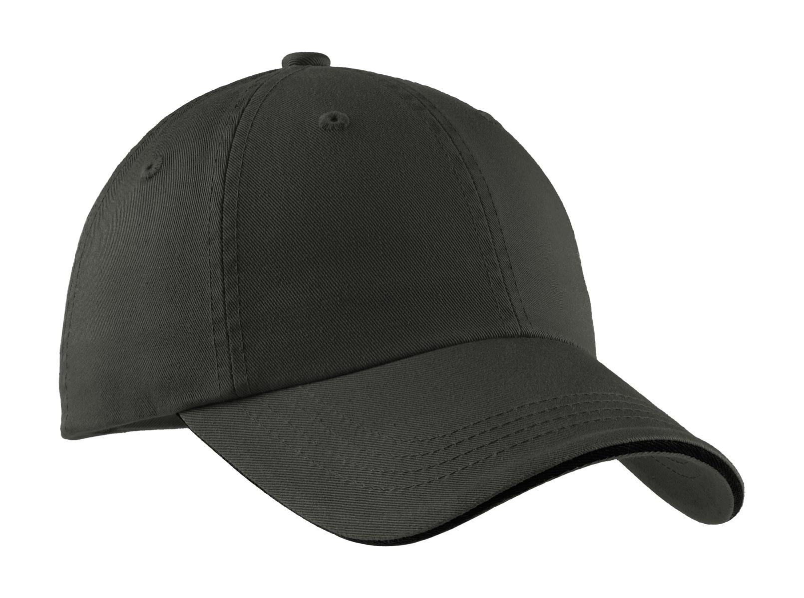 Port Authority Charcoal sandwich bill cap with striped closure, flat front design, and adjustable strap.