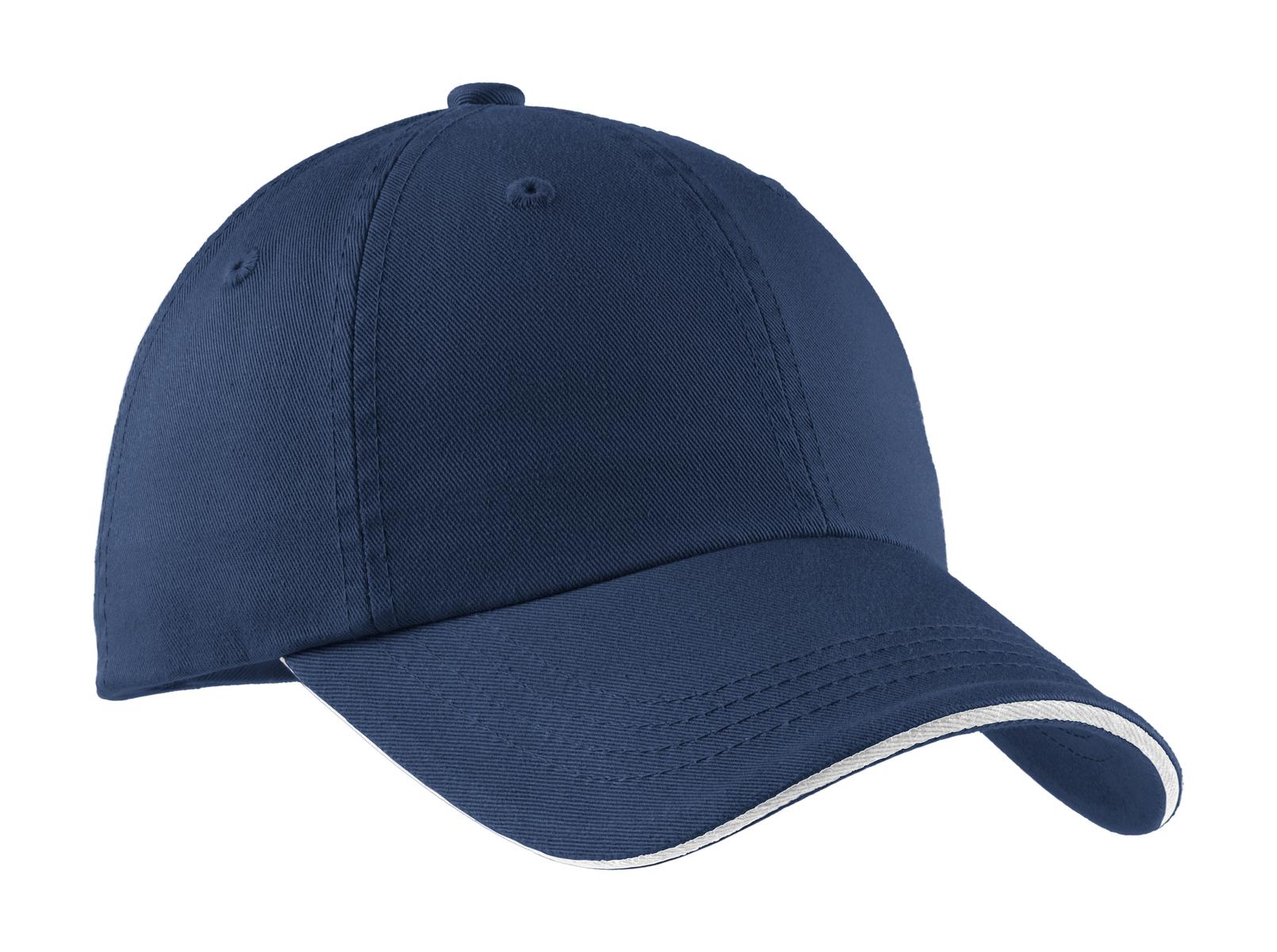 Port Authority Sandwich Bill Cap in Ensign Blue with striped closure, featuring a flat front and classic baseball cap design.