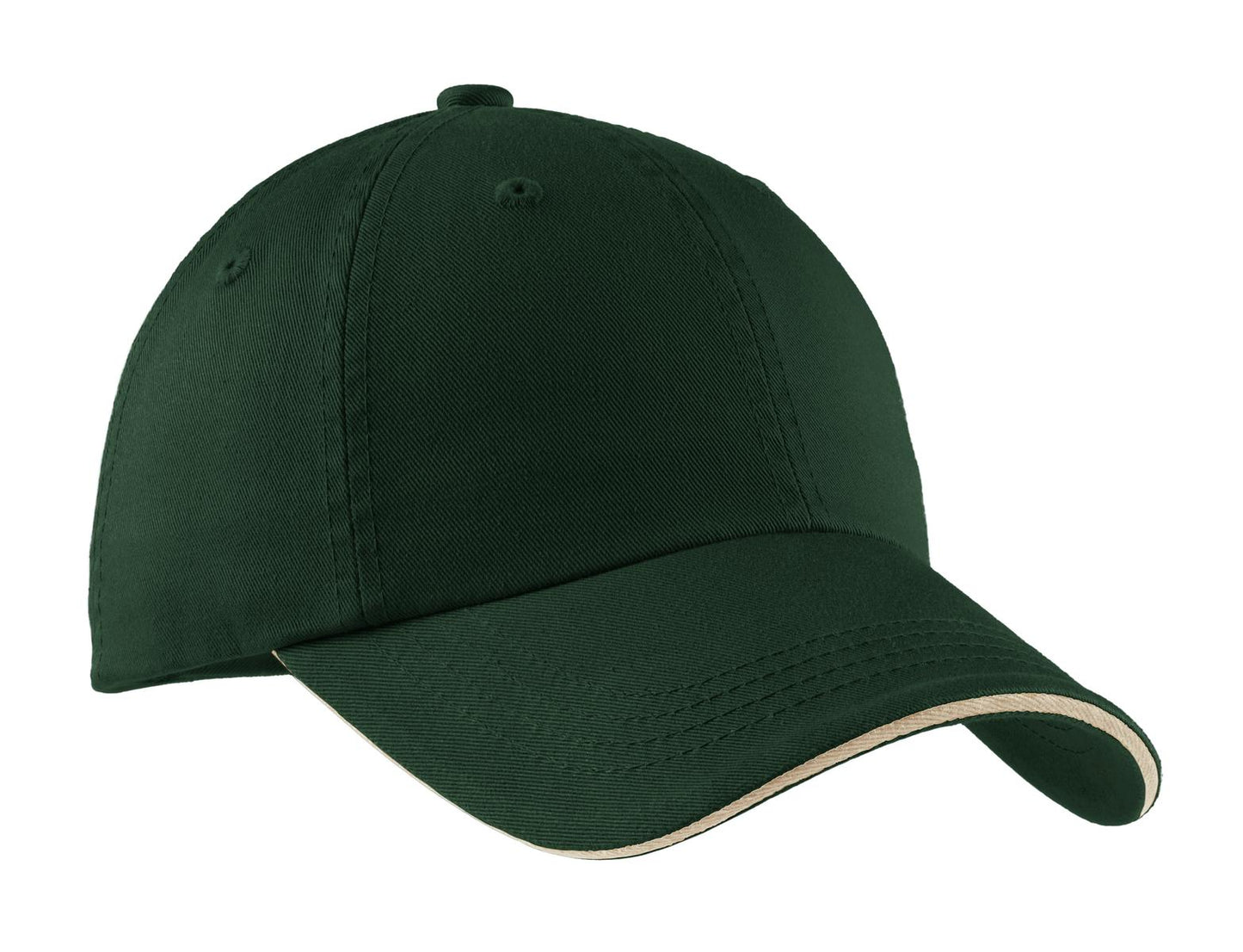 Hunter green Port Authority sandwich bill cap with striped closure, flat front, and adjustable strap.