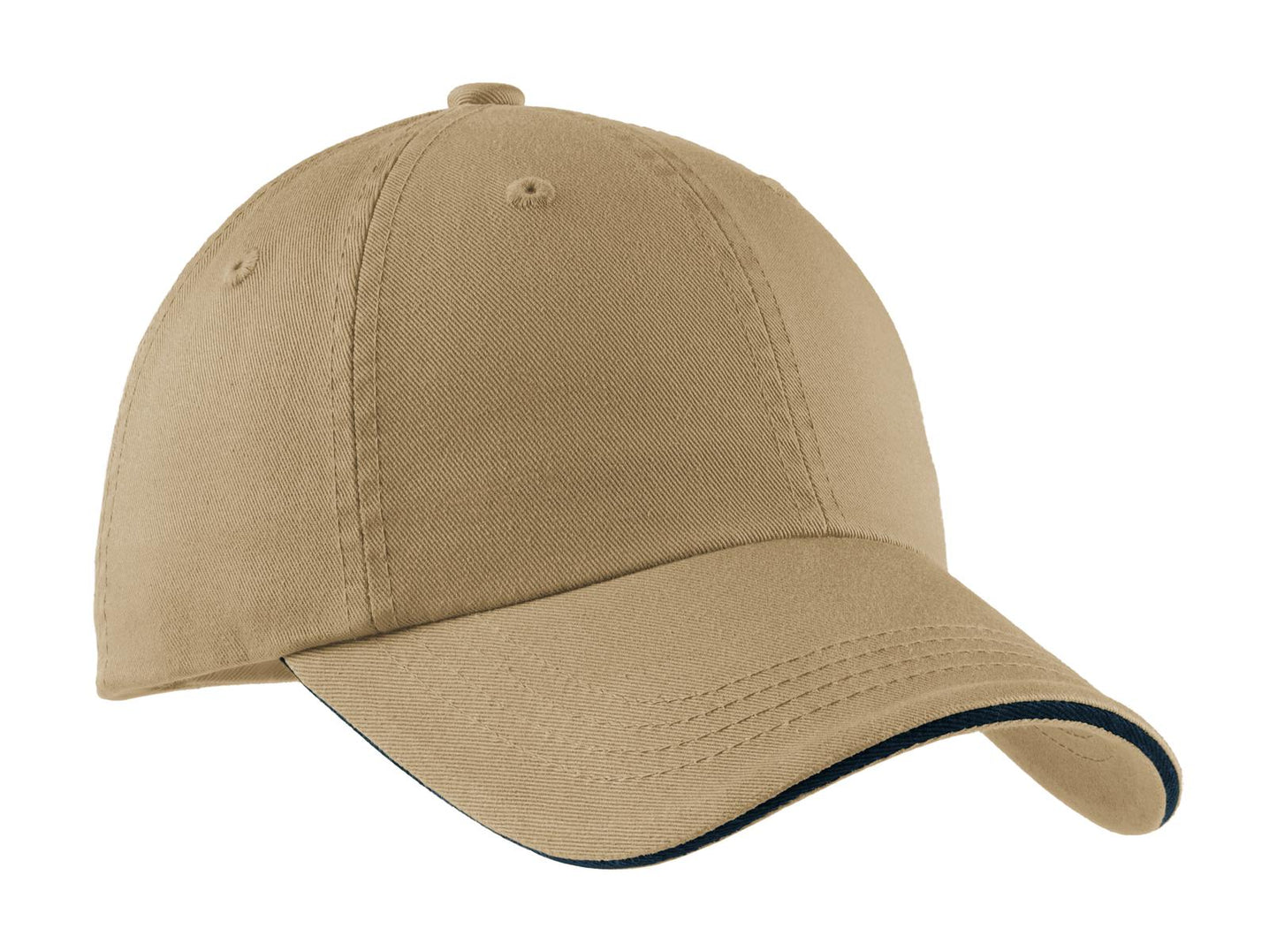Khaki Port Authority sandwich bill cap with striped closure, flat front, and adjustable fit.