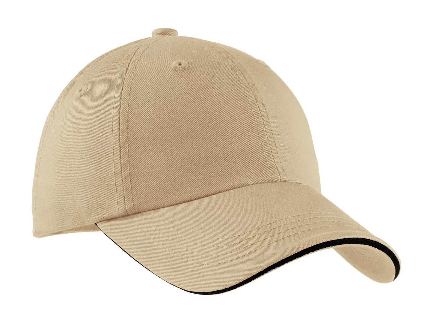 Port Authority sandwich bill cap with striped closure in stone color, featuring a flat front and adjustable strap.