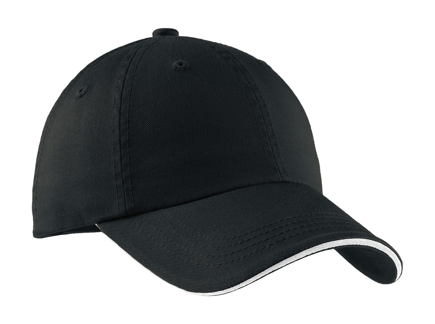 Black and white Port Authority sandwich bill cap with striped closure, front view showing adjustable strap and classic design.