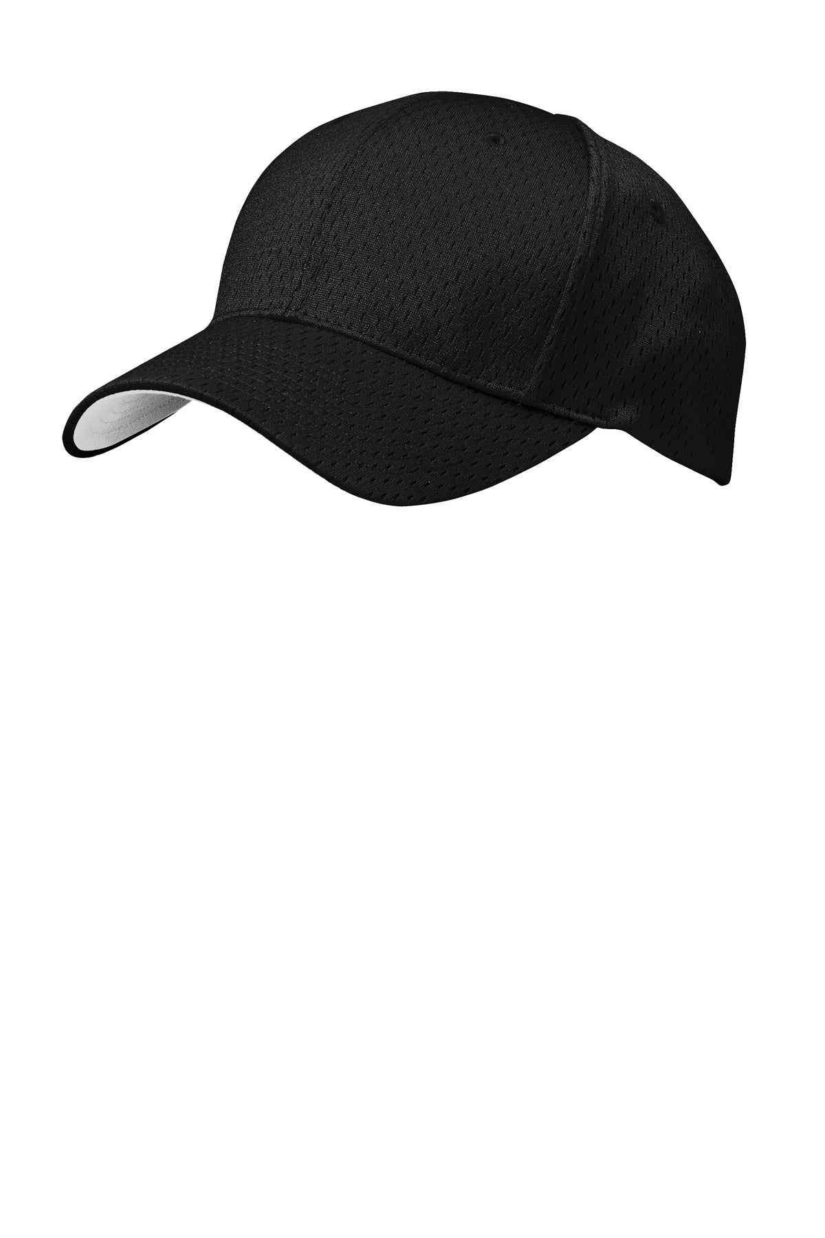 Black Port Authority Pro Mesh Cap with flat front, adjustable strap, and breathable mesh panels for comfortable wear.