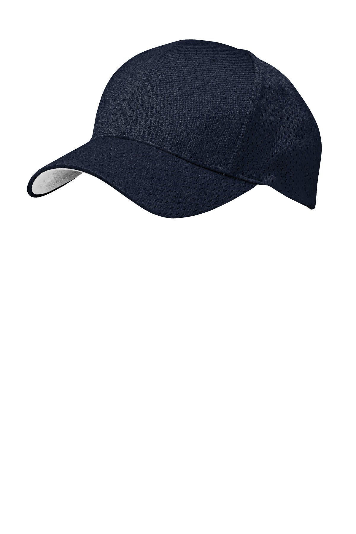 Navy Port Authority Pro Mesh Cap with flat front, breathable mesh design, adjustable strap, and embroidered logo on front.