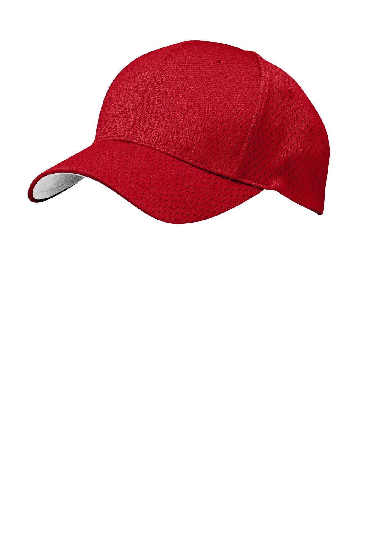 Red Port Authority Pro Mesh Cap with flat front, adjustable strap, and breathable mesh panels for comfortable wear.